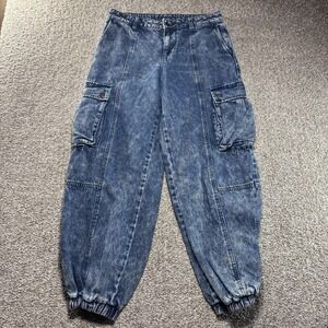 Future Collective Cargo Pants Womens 4 Blue Acid Wash Denim Jogger Style
